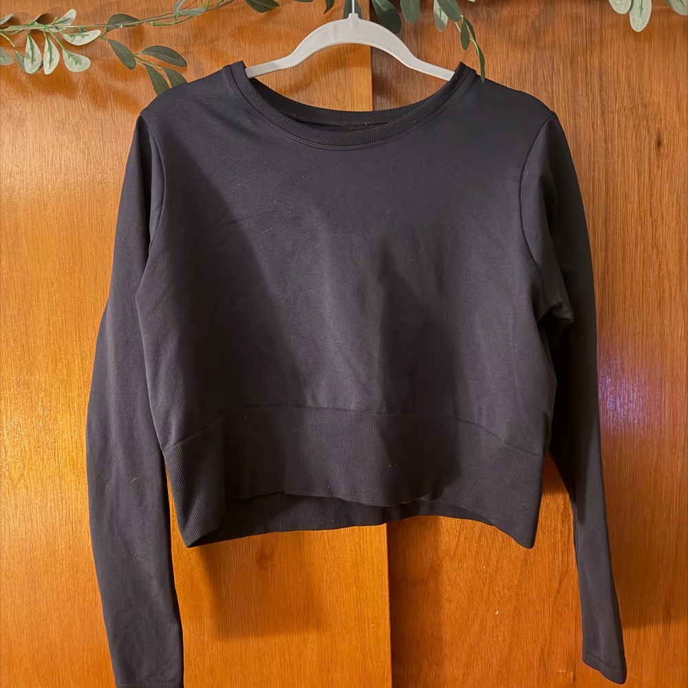 aerie Black Cropped Long Sleeve Seamless T-Shirt